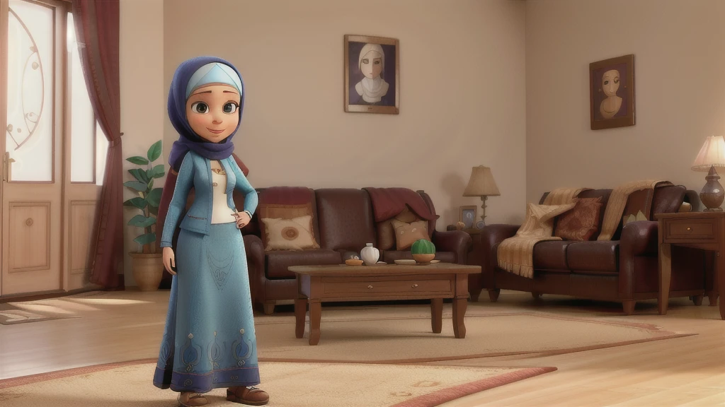 women with a Muslim hijab in her living room, beautiful face, big smile, elegant long modern skirt, (pixarstyle:1.25), natural skin texture, 4k textures, intricate, highly detailed, sharp focus, hyperdetailed 