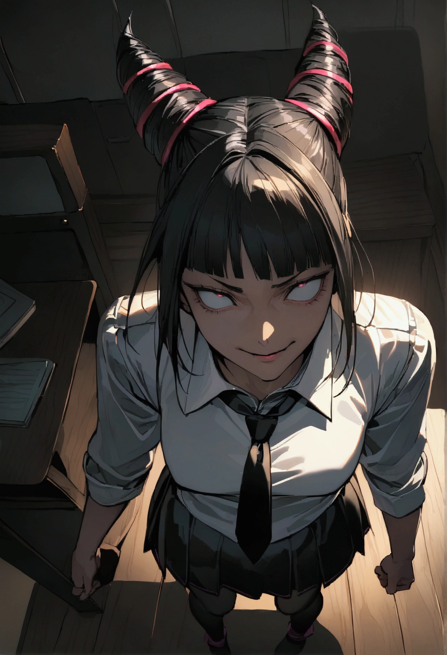 Juri Han, artwork, fitted white secretary shirt with black tie, Very short black skirt, skirt short,sock, Bblack hair, blackstockings,evil smile,DESK,bangs on the eyes,lighting,horn of hair,from above view,staring overhead