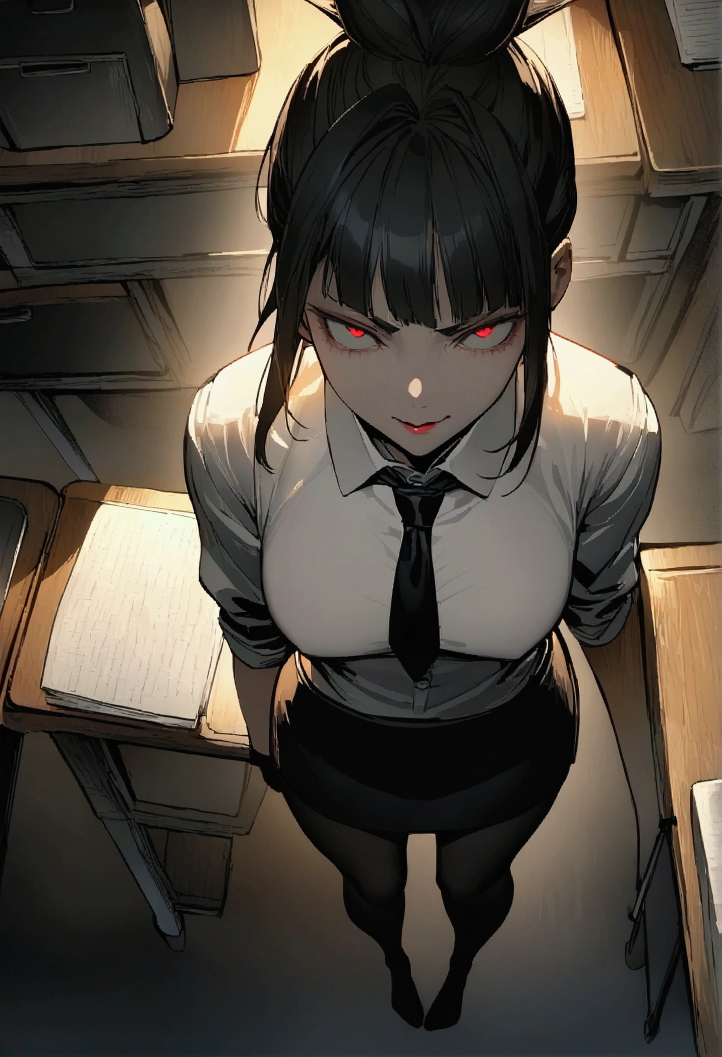 Juri Han, artwork, fitted white secretary shirt with black tie, Very short black skirt, skirt short,sock, Bblack hair, blackstockings,evil smile,DESK,bangs on the eyes,lighting,horn of hair,from above view,staring overhead
