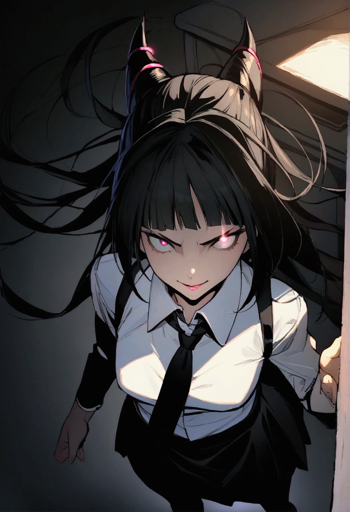 Juri Han, artwork, fitted white secretary shirt with black tie, Very short black skirt, skirt short,sock, Bblack hair, blackstockings,evil smile,DESK,bangs on the eyes,lighting,horn of hair,from above view,staring overhead