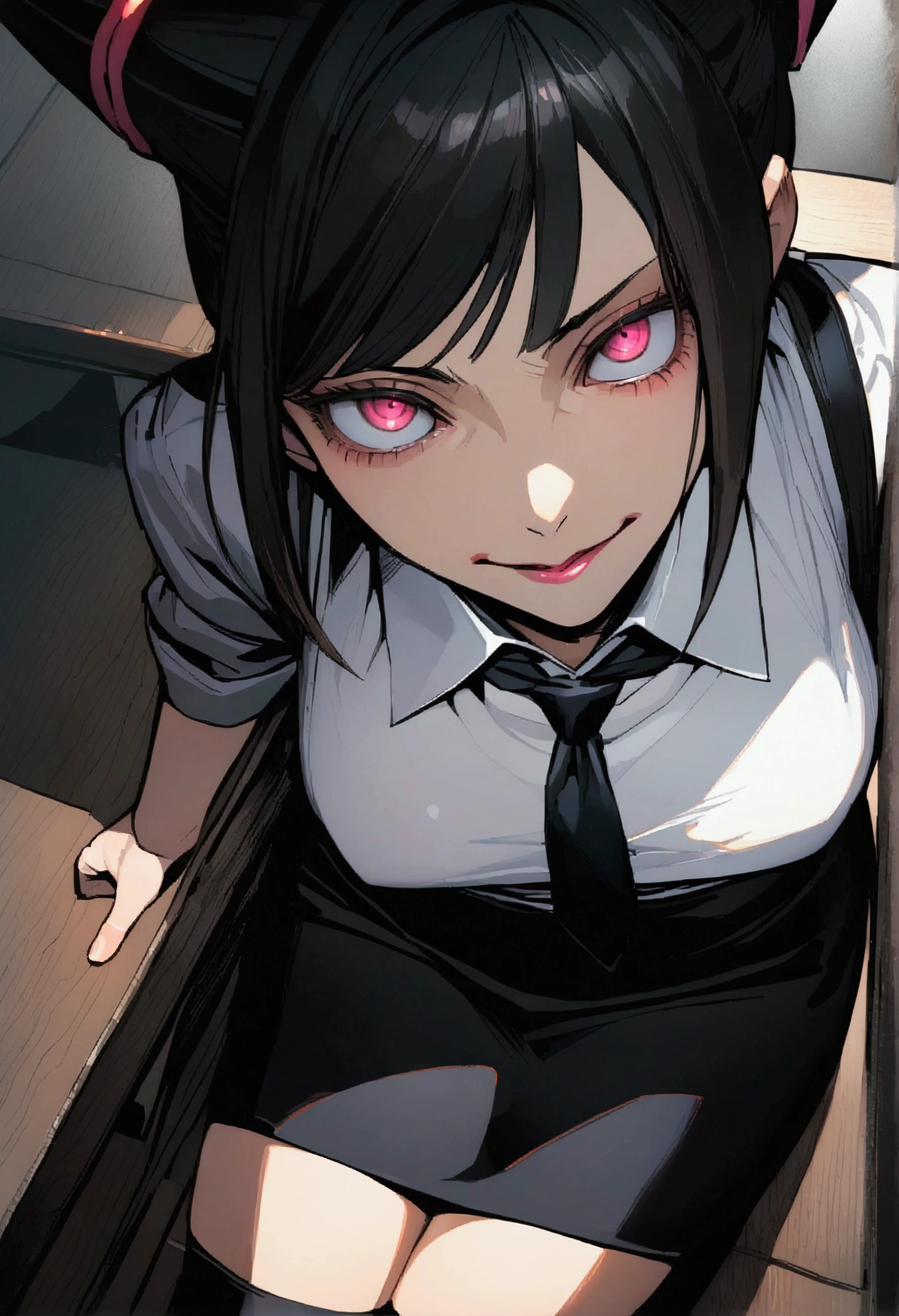 Juri Han, artwork, fitted white secretary shirt with black tie, Very short black skirt, skirt short,sock, Bblack hair, blackstockings,evil smile,DESK,bangs on the eyes,lighting,horn of hair,from above view,staring overhead
