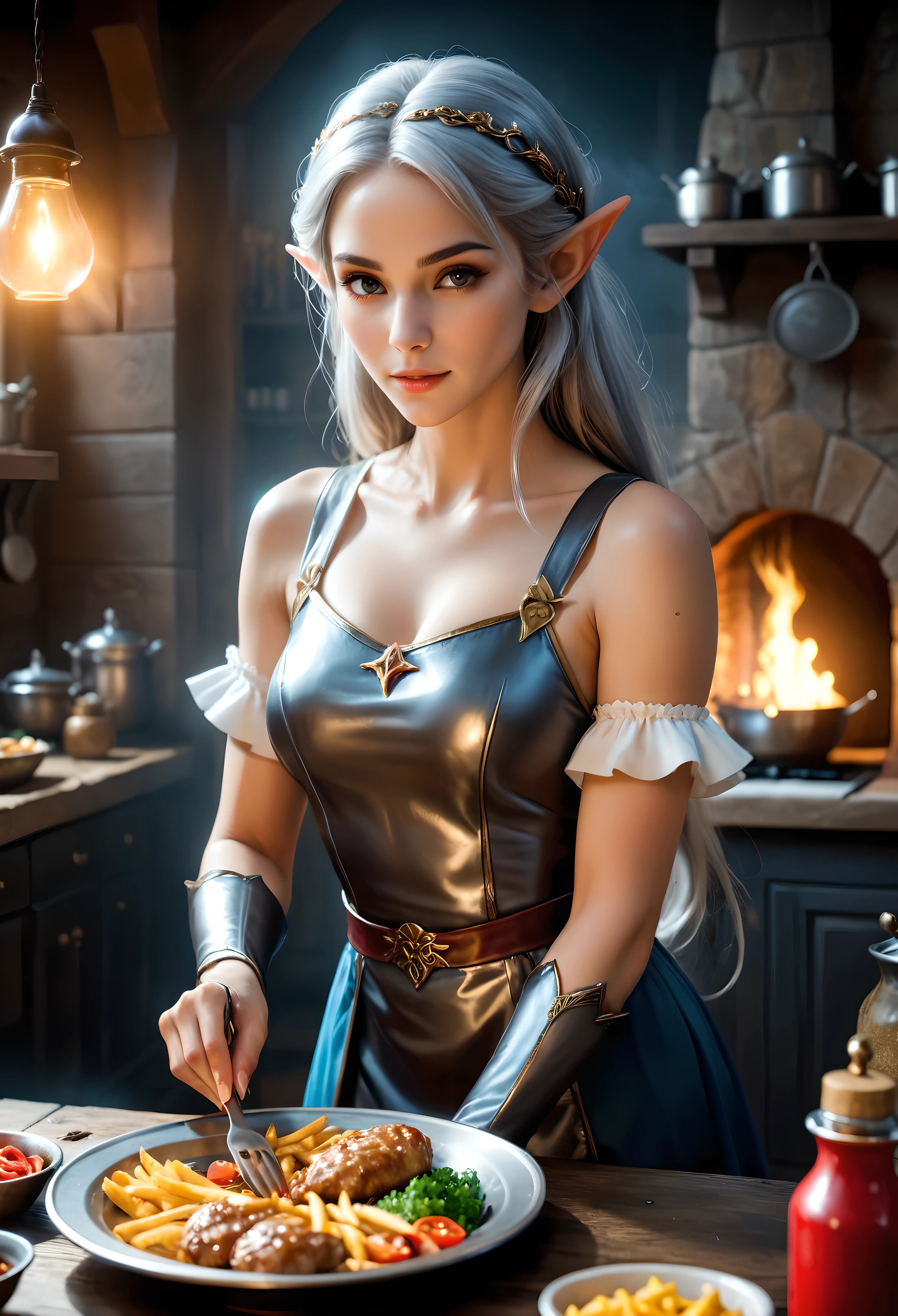 a pretty silver hair female elf cooking fast food with magic, magical fast food kitchen, medieval cooking utensils, magical handgloves, fantasy atmosphere, dramatic lighting, intricate details, cinematic composition, vibrant colors, ethereal, mystical, cosmic, magical culinary, medieval style, oil painting, masterpiece, best quality, 16k, hyperrealistic, ultra-detailed | (visual experience),(Realism), (Realistic),award-winning graphics, dark shot, film grain, extremely detailed, Digital Art, rtx, Unreal Engine, scene concept anti glare effect, All captured with sharp focus. | Rendered in ultra-high definition with UHD and retina quality, this masterpiece ensures anatomical correctness and textured skin with super detail. With a focus on high quality and accuracy, this award-winning portrayal captures every nuance in stunning 16k resolution, immersing viewers in its lifelike depiction. | ((anatomical correctness))), (((perfect_fingers))), (((perfect_legs))), (((perfect_hands))), ((perfect_composition, perfect_design, perfect_layout, perfect_detail, ultra_detailed)), ((enhance_all, fix_everything)), More Detail, Enhance.
