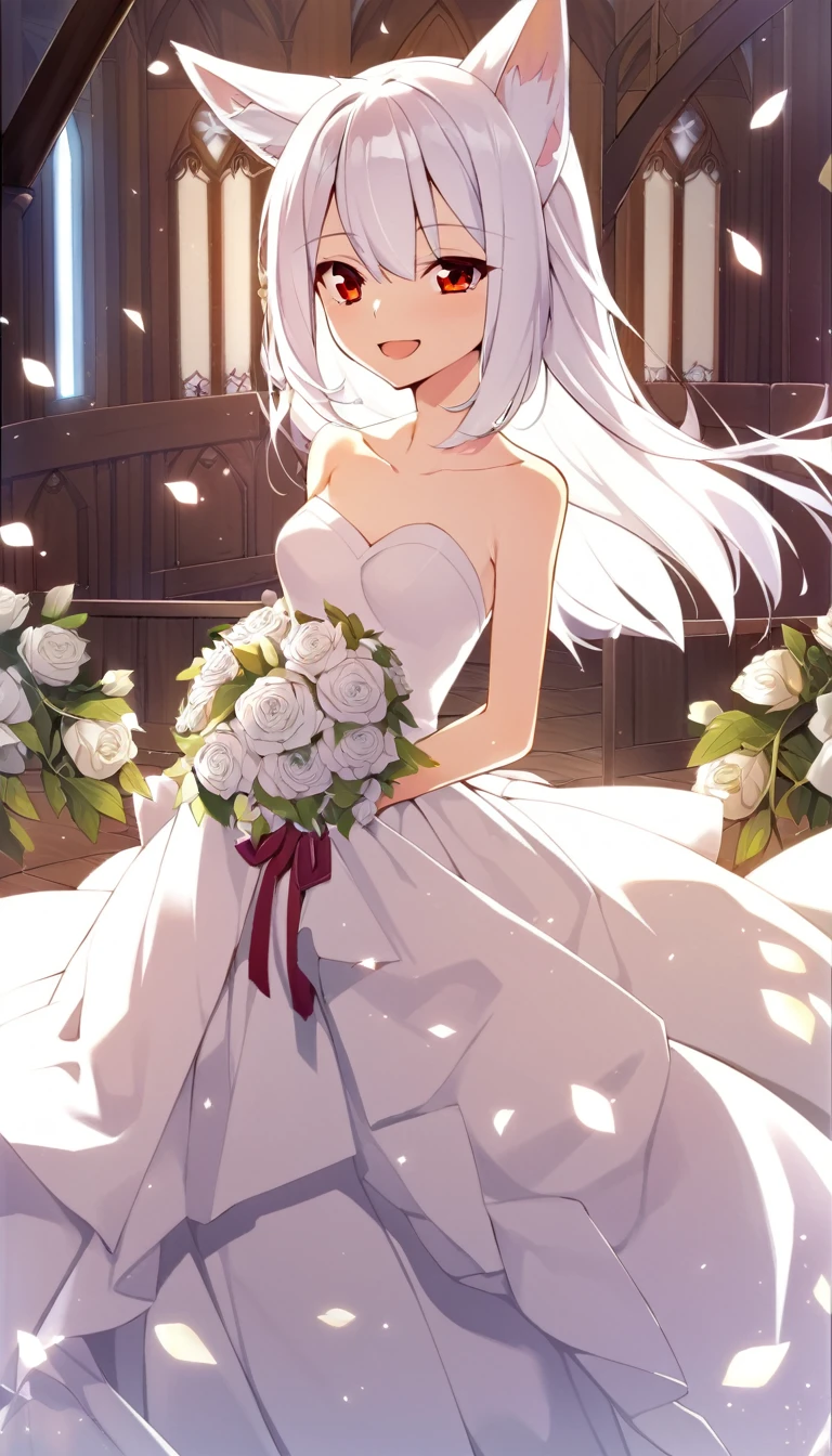 one girl, fox ears, white hair, red eyes, sacred, beauty, naive, , looks happy, medium breasts, wedding dress