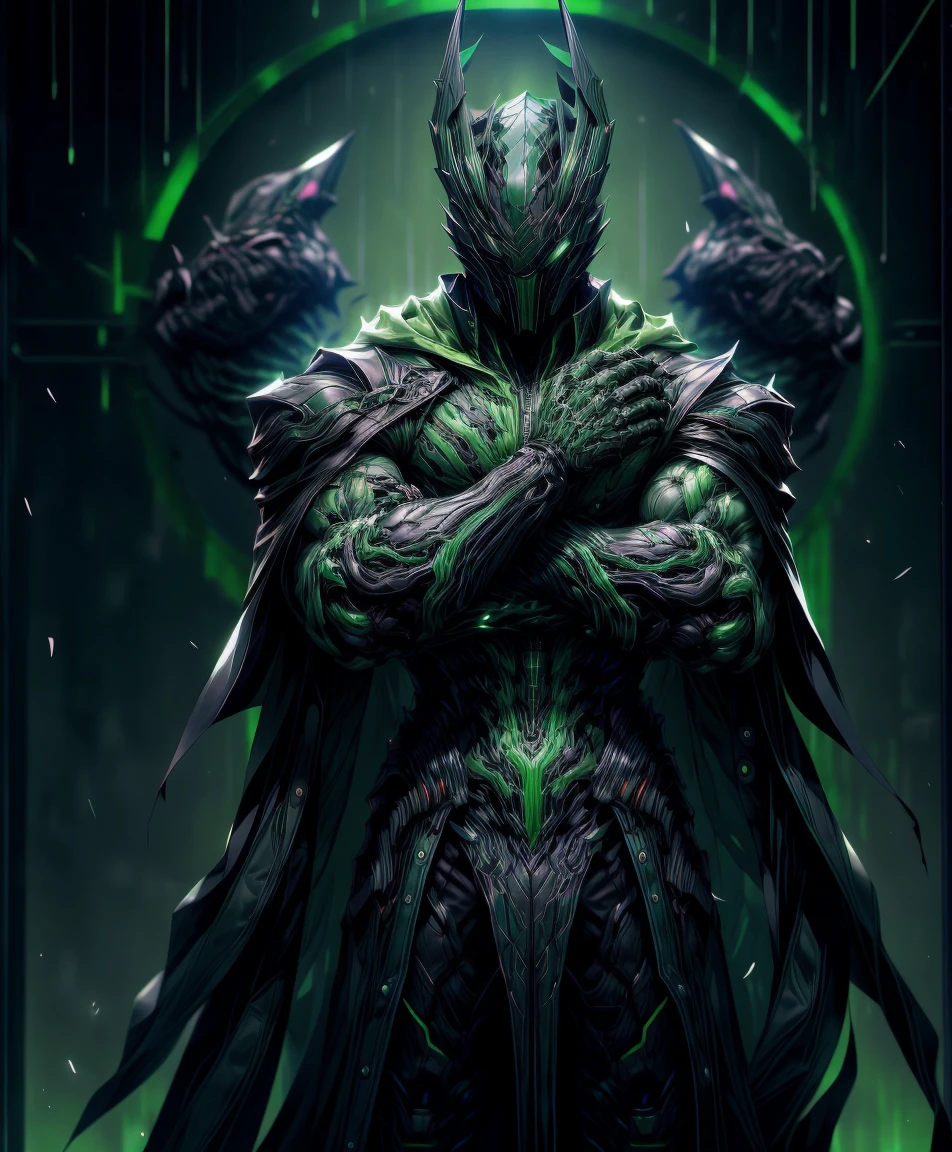 a man in a green jacket and black pants standing in a dark room, wearing cultist green robe, green attire, character from mortal kombat, as a character in tekken, fighting game character, cyberpunk assassin, green hooded mage, cyberpunk outfits, green clothes, the green ninja, wearing leather assassin armor, an edgy assassin, cool green jacket, cyberpunk street goon