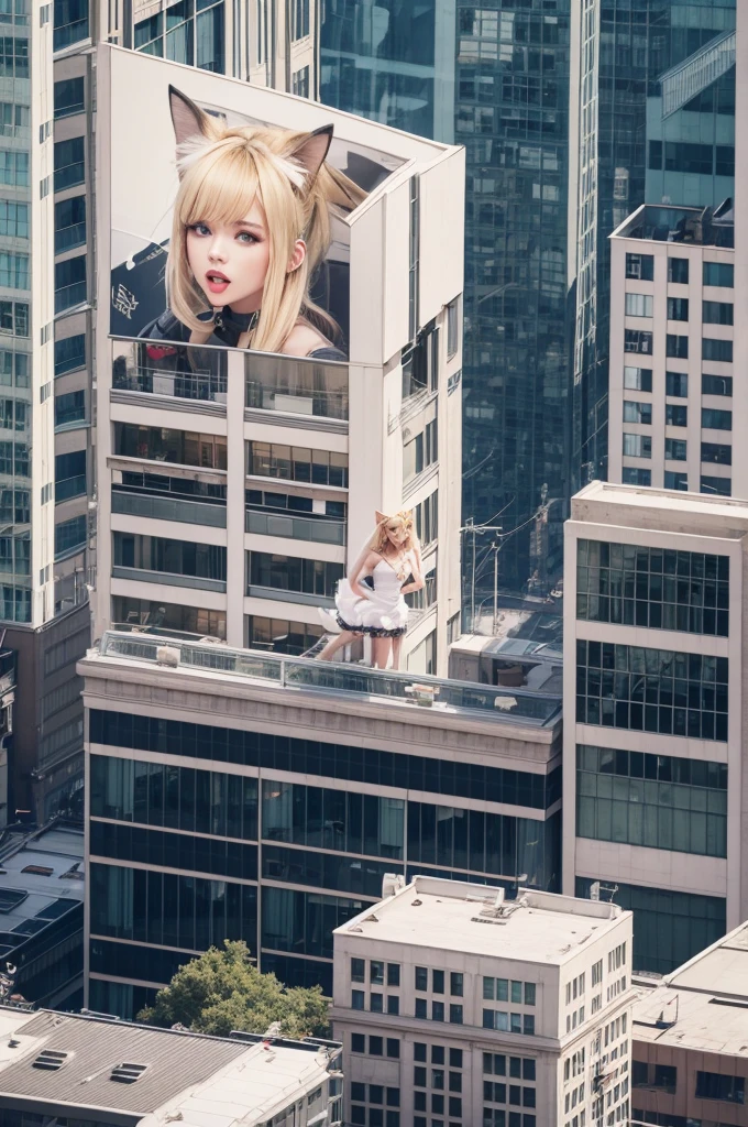 Blonde pop muse woman with cat ears on top of a building singing