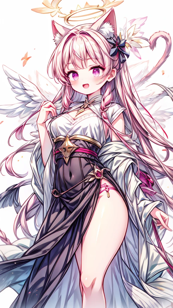 hyper precise hyper detailed illustrations,fate grand order style,1short shota,pink hair,long hair,angel halo,cat ear,cat tail,open mouth cat smile,looks like little bitch,Whip thick thighs,adult-game style magical girl costume,