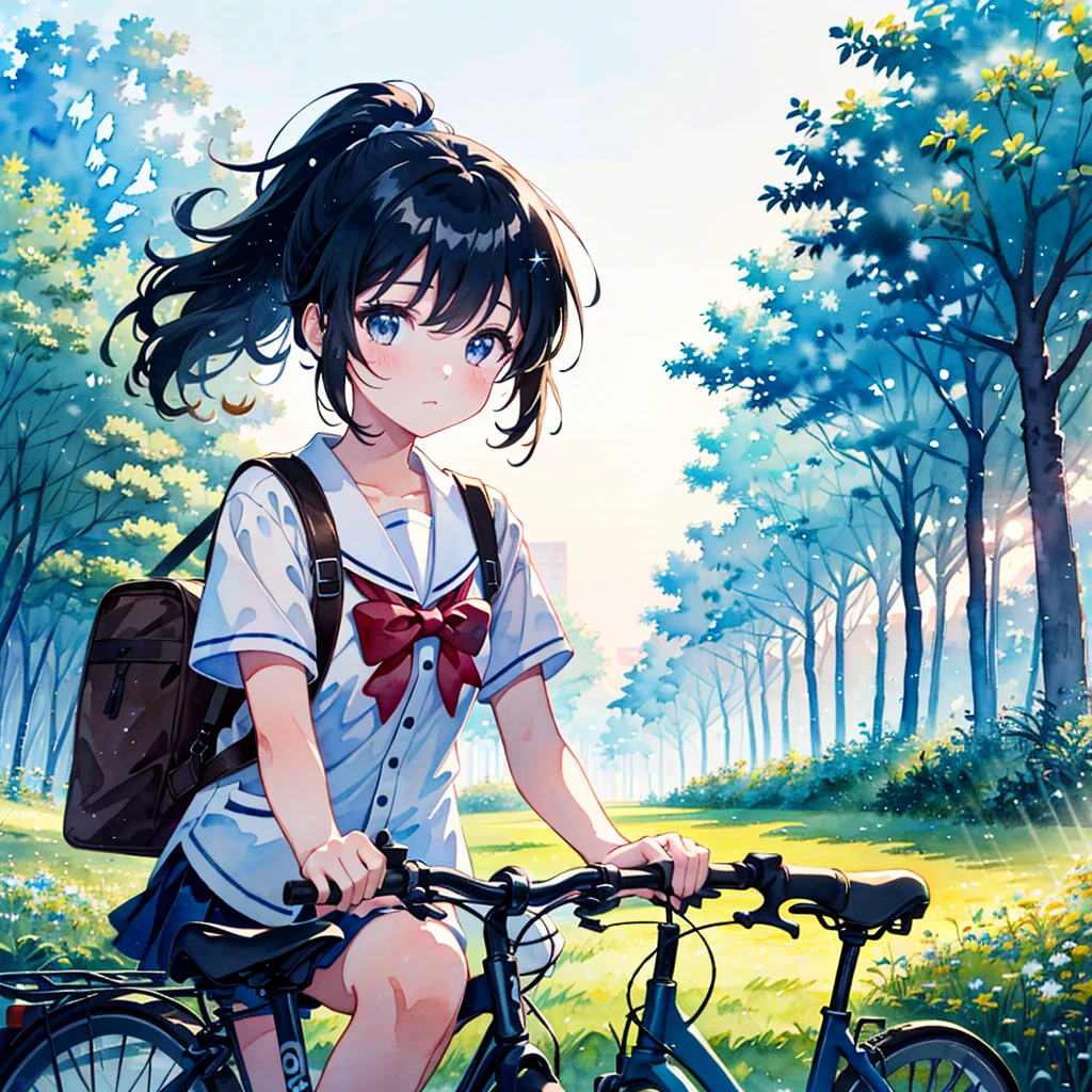 solo, (transparent girl:1.2), beautiful transparency, 18yo, cute, upper body
(watercolor:1.1),The background is a town,school ,high , ponytail, walk by pushing a bicycle,
kawaii vector art, cinematic angle, light particles, exquisitely detailed, absurdres, highres
(((masterpiece)))), high quality, twinkle,adorable,detailed beautiful face