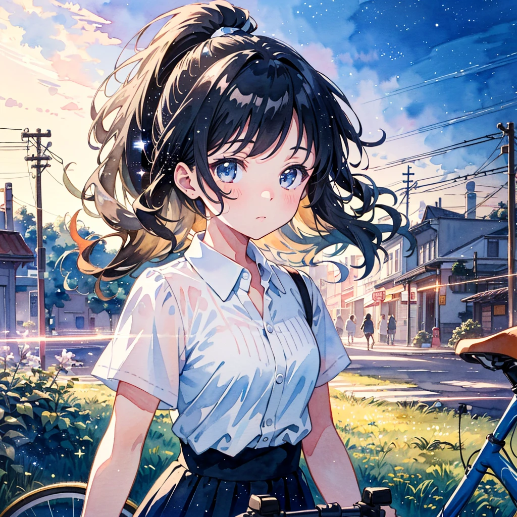 solo, (transparent girl:1.2), beautiful transparency, 18yo, cute, upper body
(watercolor:1.1),The background is a town,school student,high , ponytail, walk by pushing a bicycle,
kawaii vector art, cinematic angle, light particles, exquisitely detailed, absurdres, highres
(((masterpiece)))), high quality, twinkle,adorable,detailed beautiful face
