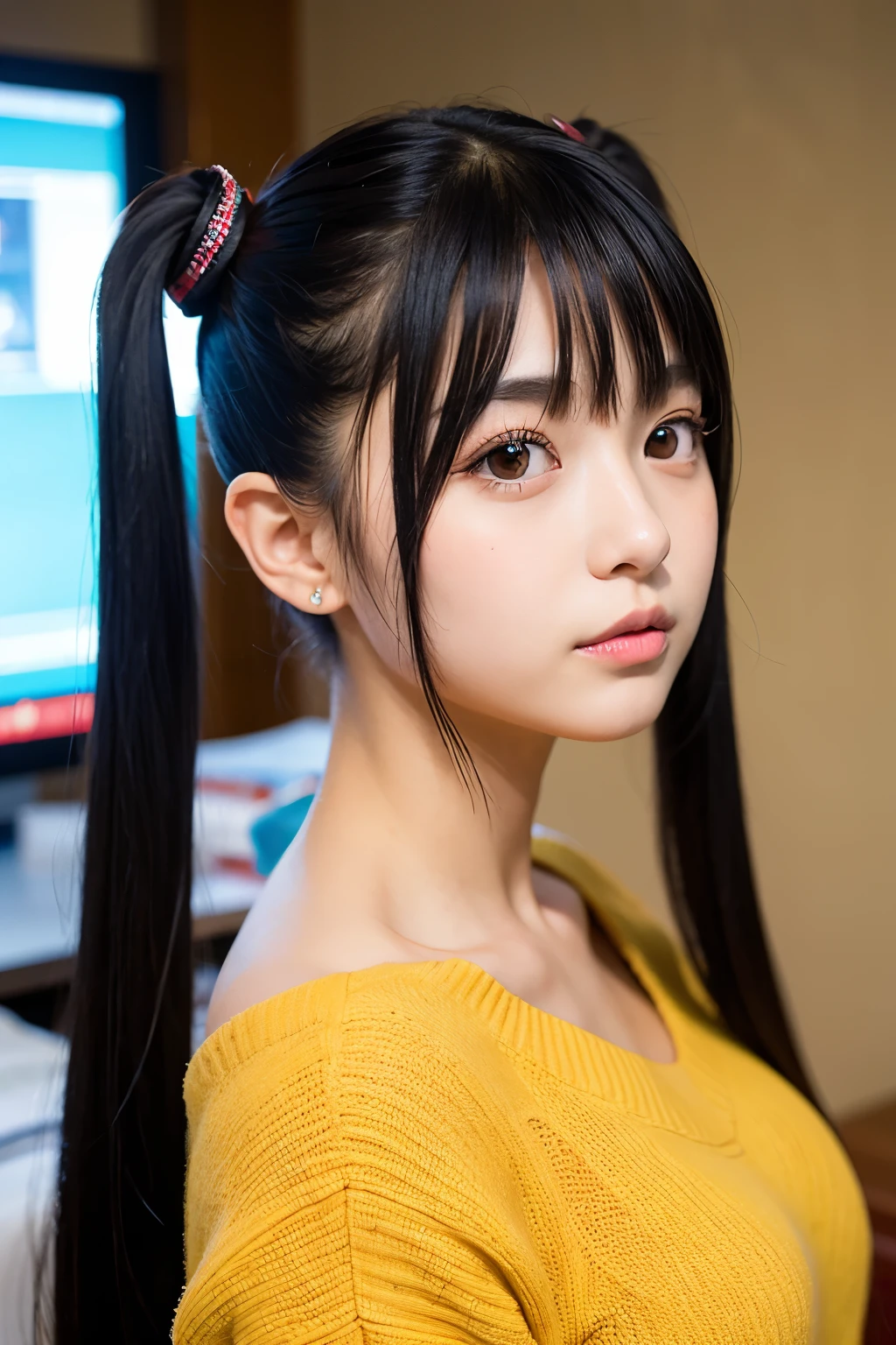 。Height: 155cm。Bob Hair。Black Hair。Half Twin Tail。