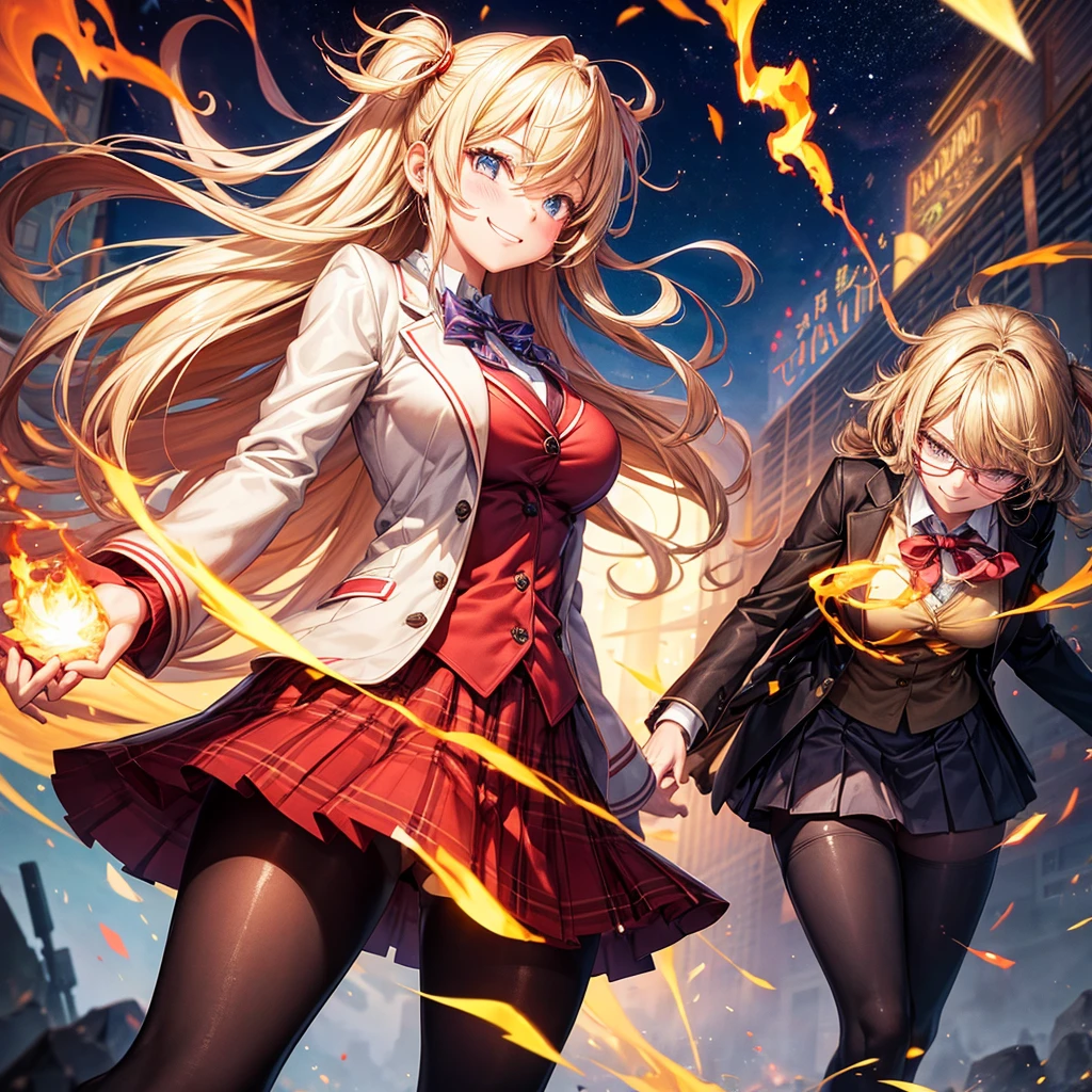 Best Quality，middle School girls，Superpowered girl，Pyrokinesis，Fire User，smile，Highest quality，Big Breasts，Cute uniform，blazer，cardigan，Beautiful girls，Horny girl，Naughty Girlasterpiece，perfection，Long Hair，tights，perfectionに描かれている