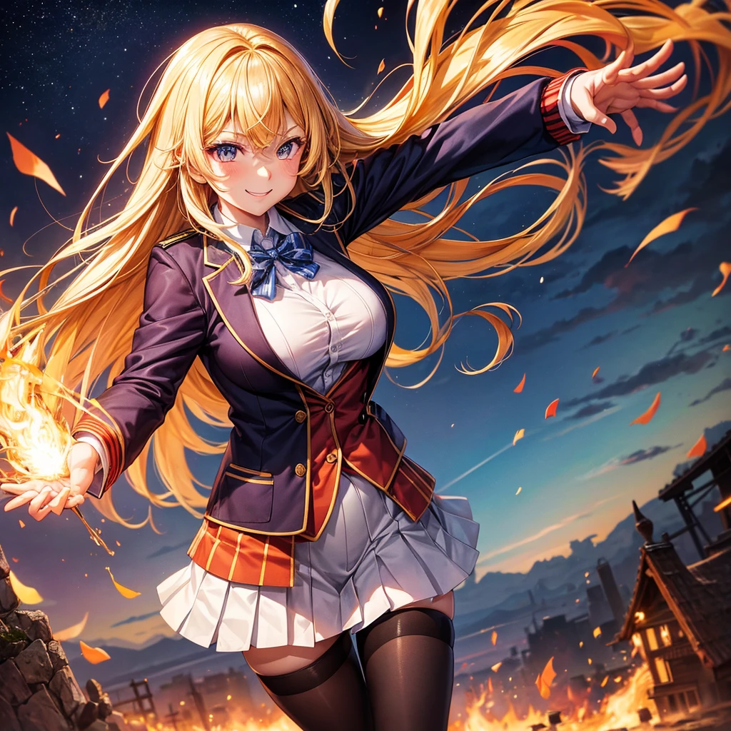 Best Quality,middle School girls,Superpowered girl,Pyrokinesis,Fire User,smile,Highest quality,Big Breasts,Cute uniform,blazer,cardigan,Beautiful girls,Horny girl,Naughty Girlasterpiece,perfection,Long Hair,tights,perfectionに描かれている