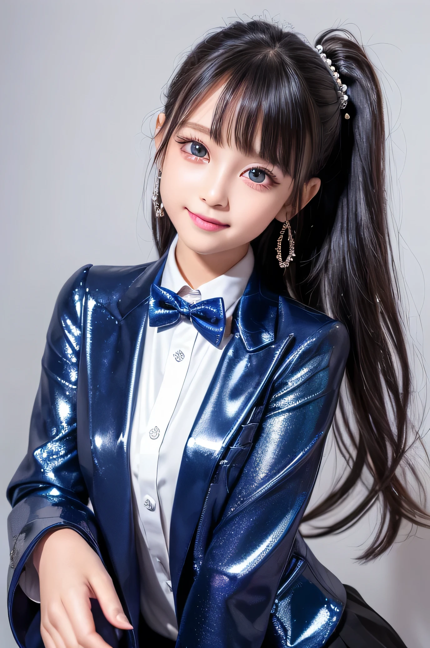 (Very beautiful cute girl), (very cute face:1.2),11 yo, (sparking crystal clear attractive large eyes), best looks, Beautiful detailed eyes, Detailed double eyelids, (smiling), (realistic photograph:1.2), long straight hair, (super shiny metallic dark blue blazer:1),metallic pearl white school blouse,(shiny metallic pink neck bow tie:1),(super shiny metallic dark blue pleat skirt :1)