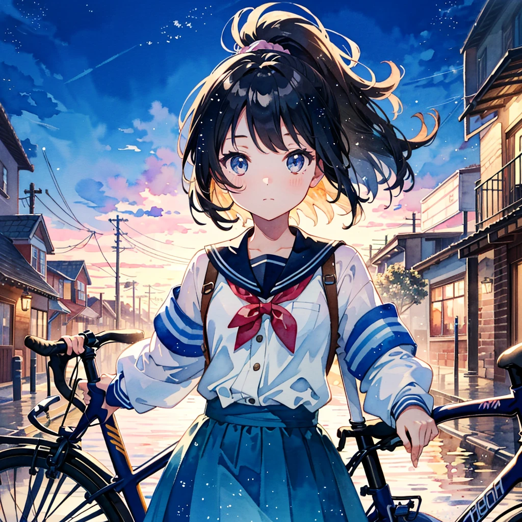 solo, (transparent girl:1.2), beautiful transparency, 18yo, cute, upper body
(watercolor:1.1),The background is a town,school student,high , ponytail, walk by pushing a bicycle,
kawaii vector art, cinematic angle, light particles, exquisitely detailed, absurdres, highres
(((masterpiece)))), high quality, twinkle,adorable,detailed beautiful face