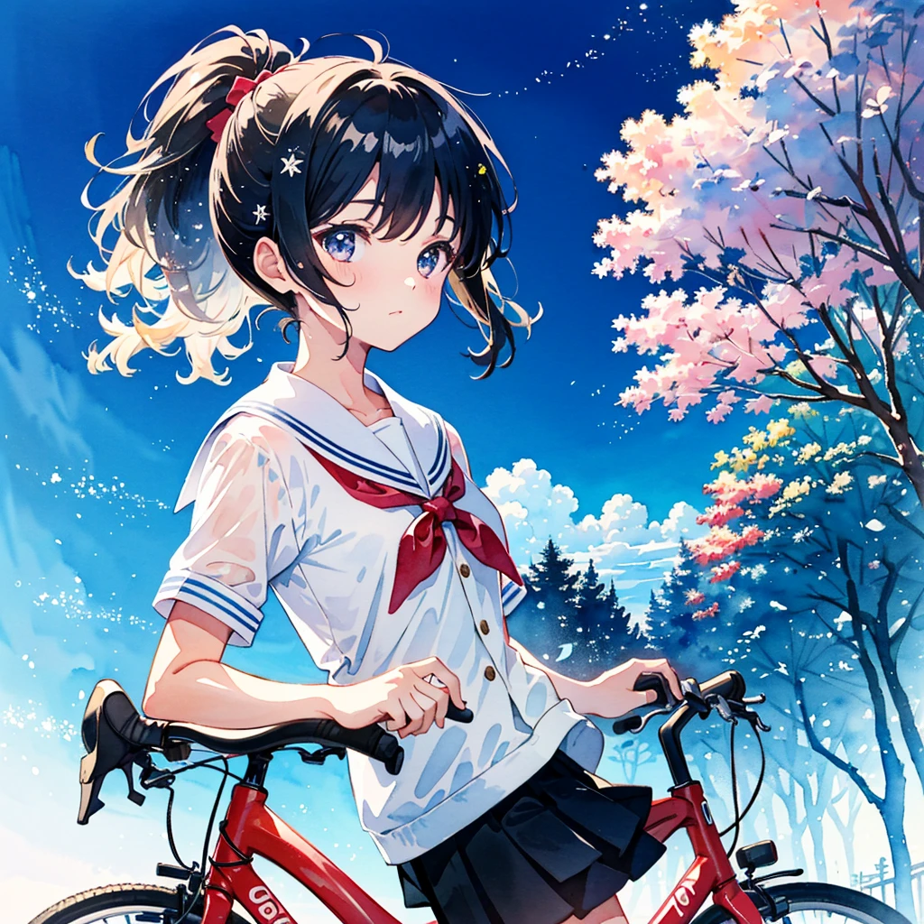 solo, (transparent girl:1.2), beautiful transparency, 18yo, cute, upper body
(watercolor:1.1),The background is a town,school student,high , ponytail, walk by pushing a bicycle,
kawaii vector art, cinematic angle, light particles, exquisitely detailed, absurdres, highres
(((masterpiece)))), high quality, twinkle,adorable,detailed beautiful face