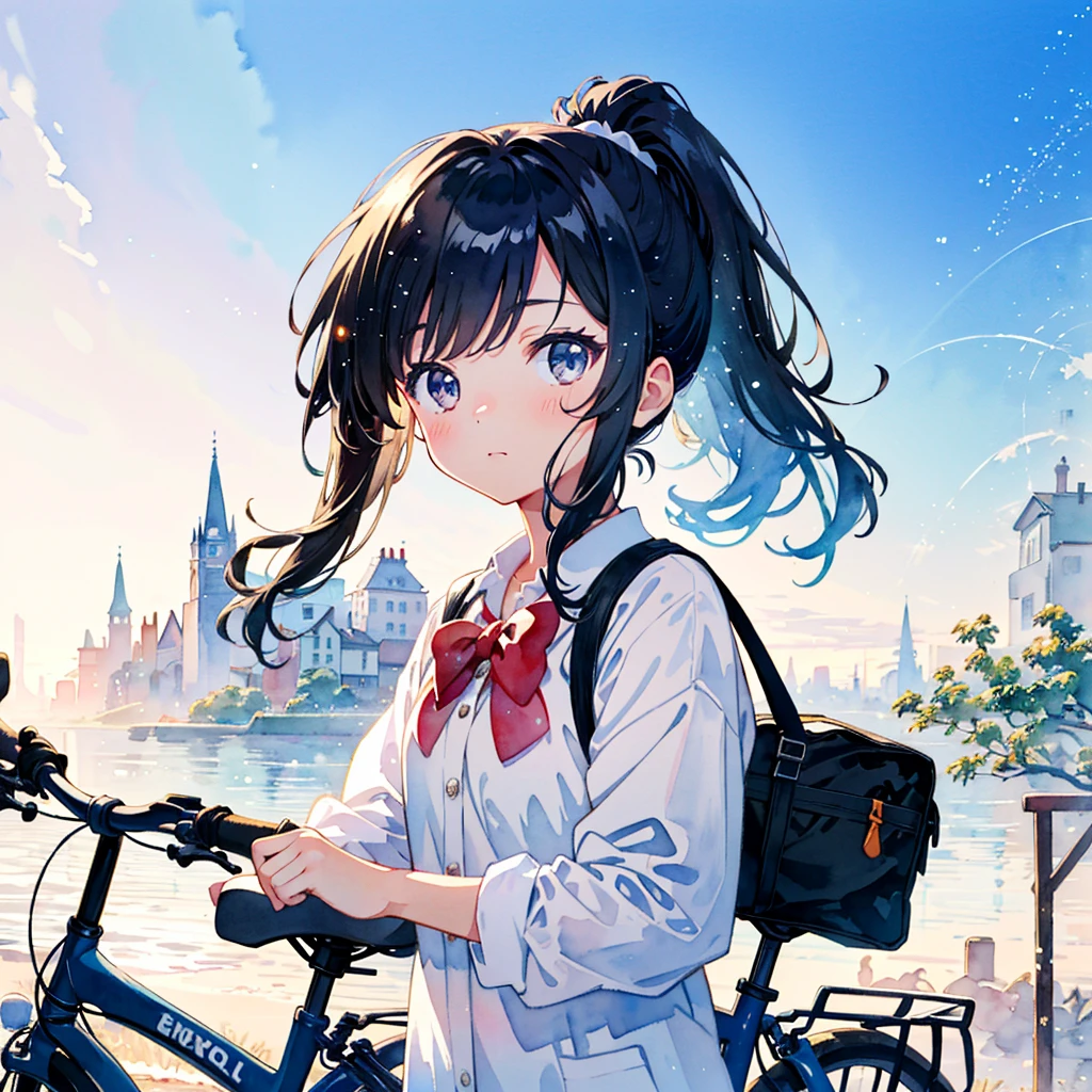 solo, (transparent girl:1.2), beautiful transparency, 18yo, cute, upper body
(watercolor:1.1),The background is a town,school student,high , ponytail, walk by pushing a bicycle,
kawaii vector art, cinematic angle, light particles, exquisitely detailed, absurdres, highres
(((masterpiece)))), high quality, twinkle,adorable,detailed beautiful face