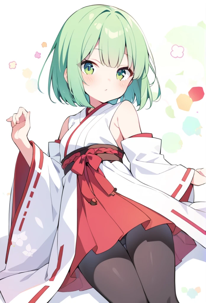 1 girl, cute, young, green hair, bob haircut, green eyes, miko clothes, black tights,