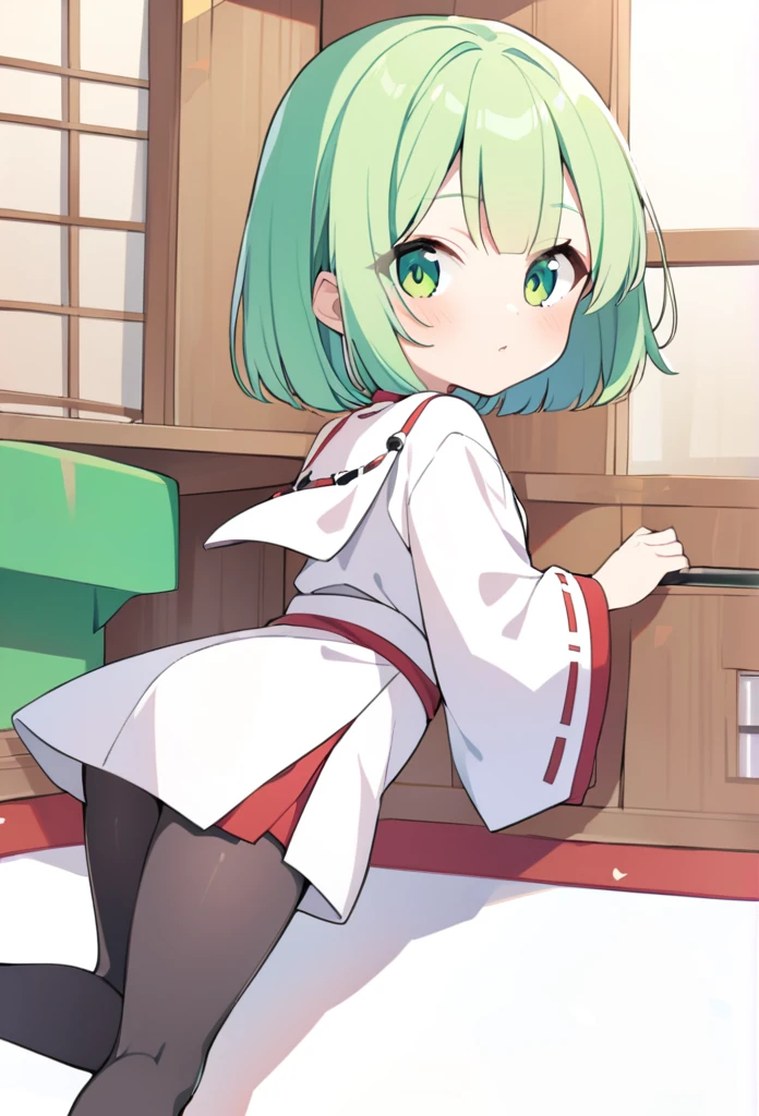 1 girl, cute, young, green hair, bob haircut, green eyes, miko clothes, black tights, 