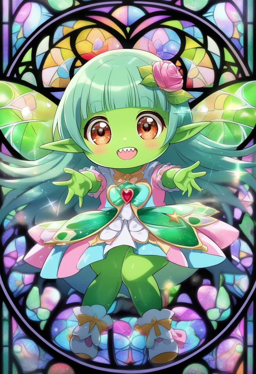 (deep green skin:1.5), (goblin girl),(loli:1.9), kawaii, (baby face:1.1), (little female child:1.8),(loli toddler:1.8),(mini girl:1.7), (4 years old:1.1),small breasts,(evil smile:1.1),super smile,ultra cute face,shiny skin,open mouth,(deep green skin all over the body:1.5),
BREAK
(light green hair:1.2), (blunt bangs:1.3), (hime cut:1.4),(brown eyes:1.6), (long hair:1.3), long straight hair,(sharp teeth),highlight on eyes,
BREAK
elf ear,Tribal Jewelry,Scrunchie,wearing boots on feet, wearing lightgreen magical Girl Costumes,(magical effect:1.2), magic circle,colorful background,light particles,light sparkles,crystal light,powder light,dynamicpose,outstretched legs,
BREAK
(multi-layered flower shaped stained glass), (rose shaped stained glass),(music note effect fused with stained glass),(heart shaped Church windows),nature theme,(Giant stained glass leaf),(Multiple stained glass musical note),Atrium structure,ceiling,tiffany,dust particles,anime,stain glass inspired by leaf mark,nature background