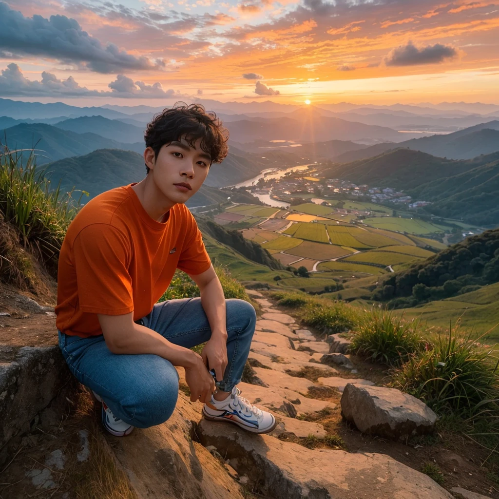 photo taken from above,long distance, full body, photography, realistic, a korean man,ideal height,ideal body stocky ((very short curly hair, clean face, orange t-shirt inside, blue jeans pants, white shoes)) looking at the viewer, on an uphill climbing route with dirt and small rocks, on the right and The background shows a vivid sunset with a mix of warm colors, rice field ,rugged hillside. Travel photography, curly wavy hair