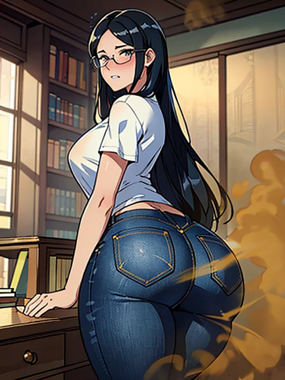 (best quality:1.4),masterpiece,ultra-detailed,delicate features,delicate skin,realism,beautiful lighting,1girl,black hair ,blues eyes ,tareme,long hair,gleaming skin,glasses, oversized tshirt, blue jeans, massive fart, yellow smoke rising, blush, viewing ass, clenching teeth, library