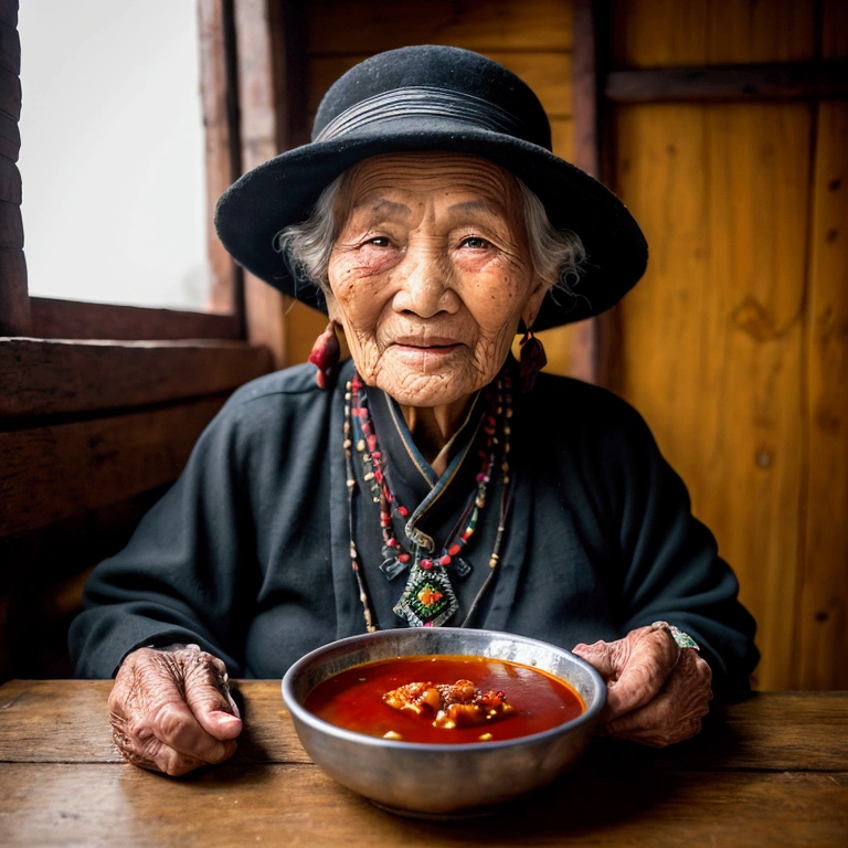 An elderly mountain woman with a kind heart. Dressed in a beautiful traditional black outfit of the Lisu tribe, her face was happy and in a good mood. She was eating Tom Yum soup with large pieces of pork bones in a bowl. ((There is a small bottle of chili sauce next to it.)) Shows a sharp foreground image taken with a high-end DSLR camera using a medium shutter speed, low ISO, and wide f-stop to create a well-composed photograph. beautifully bright morning light