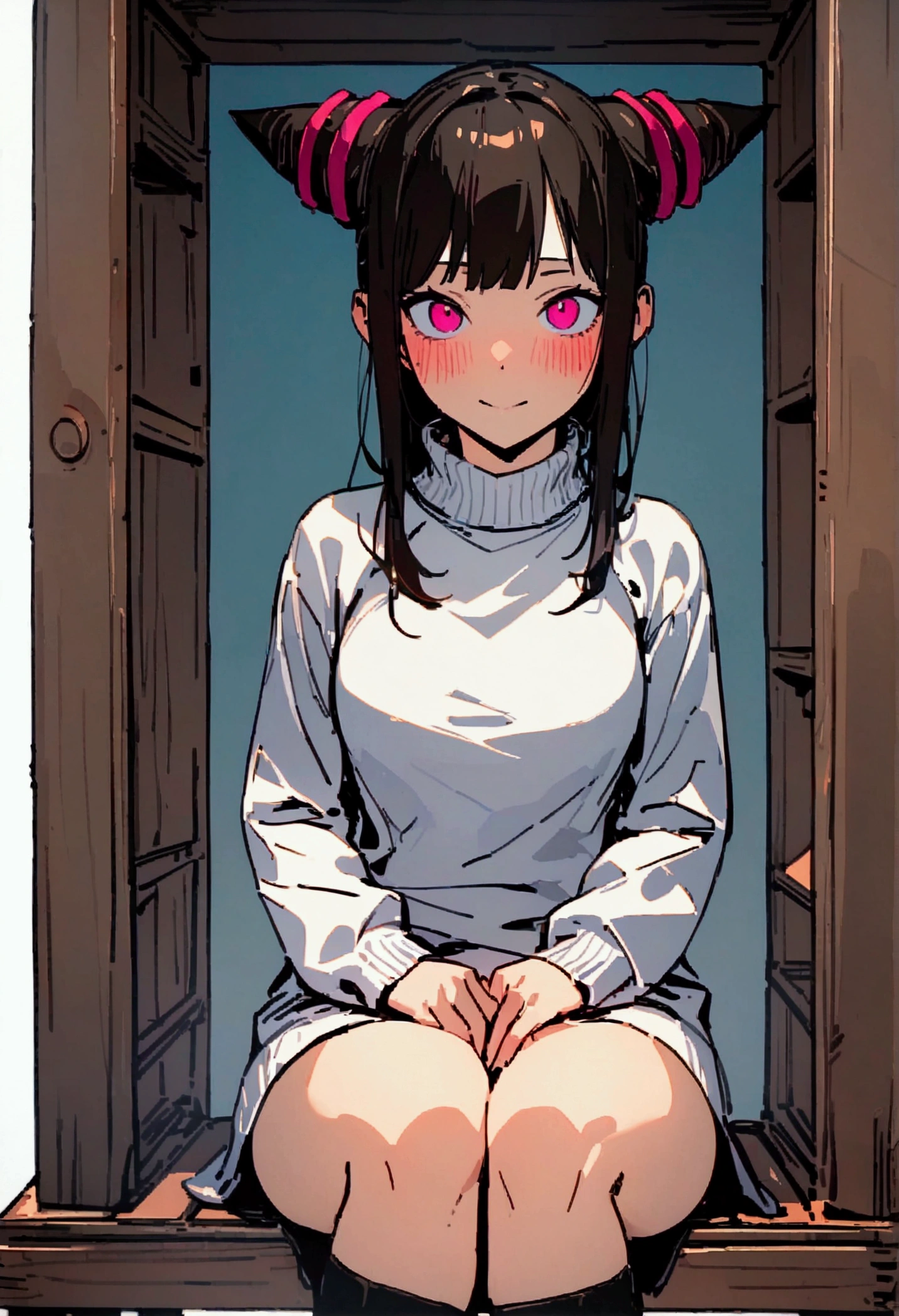 (work of art, ultra detali,high resolution,8K), 1 girl ,standing alone,hinterland,Look to viewer, TochaTortura, trunk,sheen,brunette skin,sitting on a chair,legs crossed,,black socks,horns on head,He would be,face red,blushed,staring overhead,White sweater,panties showing,ssmile
