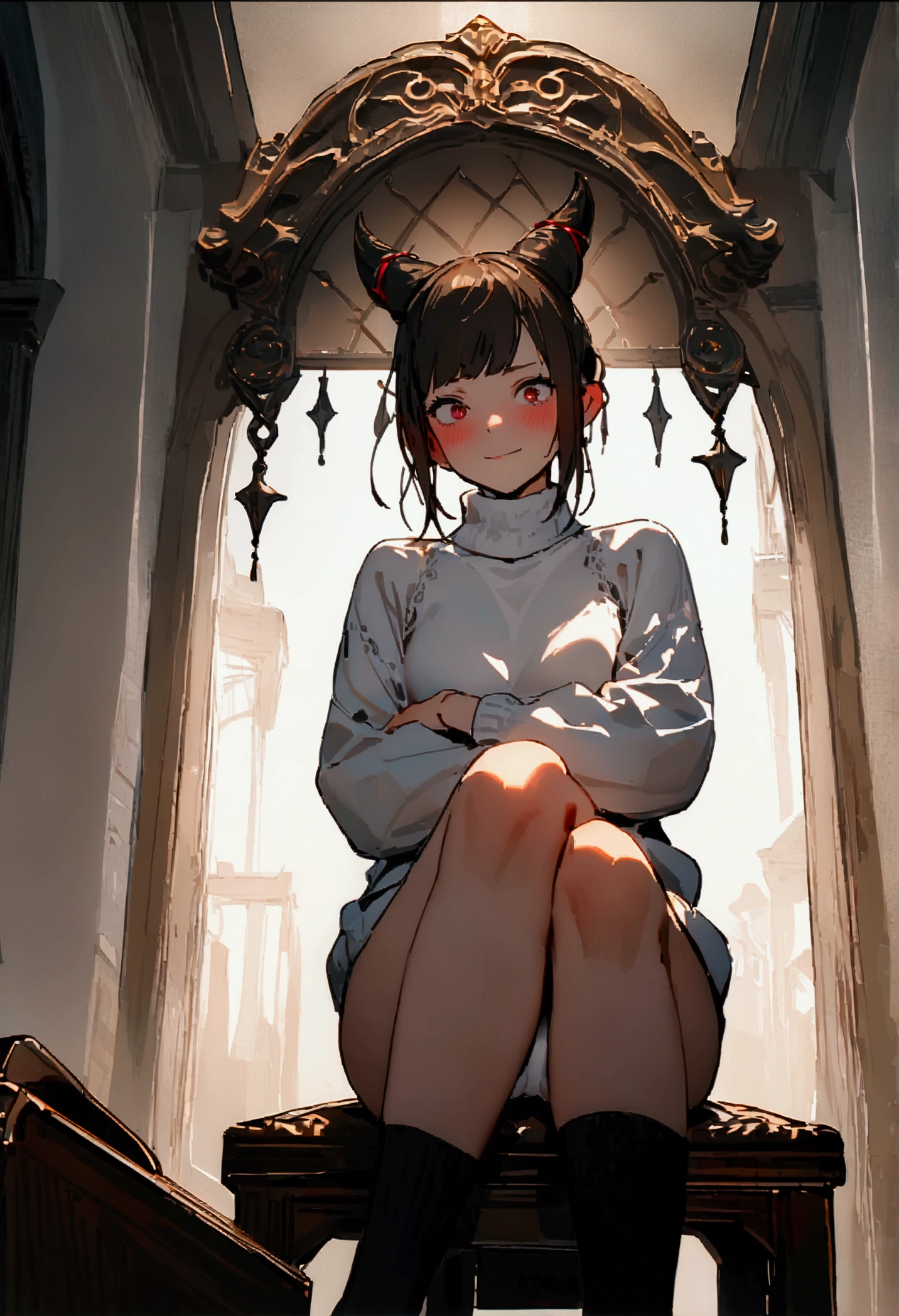 (work of art, ultra detali,high resolution,8K), 1 girl ,standing alone,hinterland,Look to viewer, TochaTortura, trunk,sheen,brunette skin,sitting on a chair,legs crossed,,black socks,horns on head,He would be,face red,blushed,staring overhead,White sweater,panties showing,ssmile
