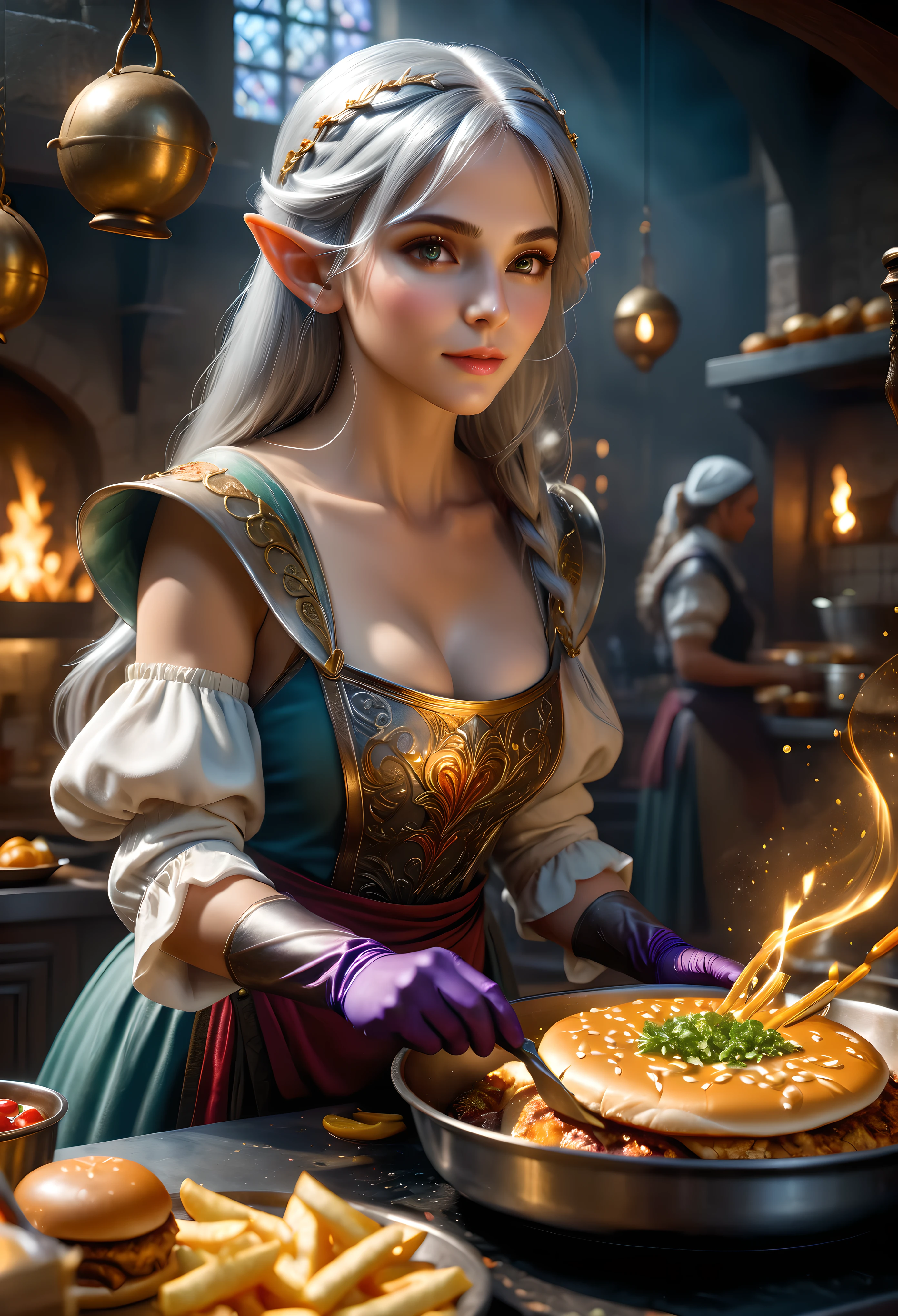 a pretty silver hair female elf cooking fast food with magic, magical fast food kitchen, medieval cooking utensils, magical handgloves, fantasy atmosphere, dramatic lighting, intricate details, cinematic composition, vibrant colors, ethereal, mystical, cosmic, magical culinary, medieval style, oil painting, masterpiece, best quality, 16k, hyperrealistic, ultra-detailed | (visual experience),(Realism), (Realistic),award-winning graphics, dark shot, film grain, extremely detailed, Digital Art, rtx, Unreal Engine, scene concept anti glare effect, All captured with sharp focus. | Rendered in ultra-high definition with UHD and retina quality, this masterpiece ensures anatomical correctness and textured skin with super detail. With a focus on high quality and accuracy, this award-winning portrayal captures every nuance in stunning 16k resolution, immersing viewers in its lifelike depiction. | ((anatomical correctness))), (((perfect_fingers))), (((perfect_legs))), (((perfect_hands))), ((perfect_composition, perfect_design, perfect_layout, perfect_detail, ultra_detailed)), ((enhance_all, fix_everything)), More Detail, Enhance.
