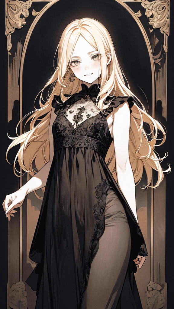 Highest quality, (Background details), High Contrast, Very beautiful girl, Detailed original illustrations,Very small stature、50 cm tall、Villain。Fairy, Wavy platinum blonde hair、 Delicate face, charm, Naughty kid、White sundress、Real breasts, Flat Chest、Crazy Smile, Crazy Eyes, Black background, (Black background: 1. 5), Beautiful line art, Monochrome