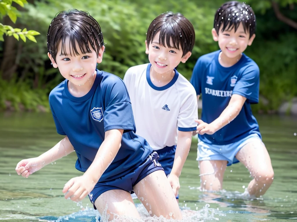 In the forest、Swimming in the river、Cool and refreshing water、e eleYear old boy、Boy in gym clothes、The bottom of the white T-shirt is blue、Blue shorts、The boys are playing、Get wet all over、Noisy boys、Splashing Water、Japanese、(Boy 1.4)