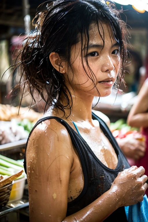 wet market,Pork stalls,rugged asian girl, wet messy hair, sweaty face, shiny skin, hot and steamy, ((dirty torn rugged)) tank top