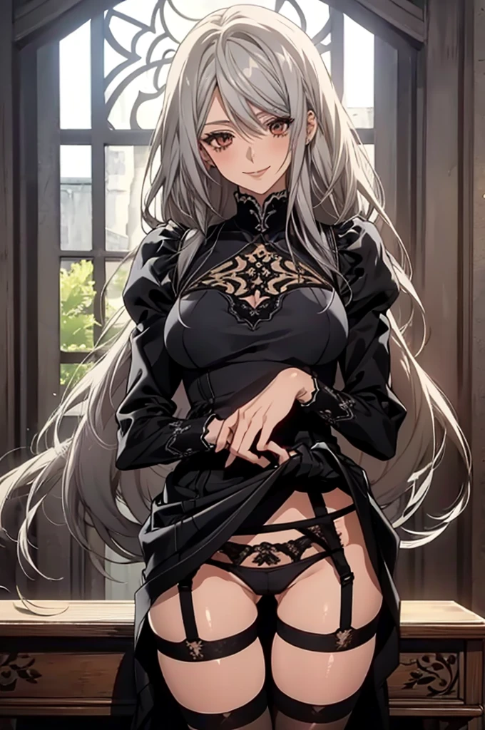 (Highest quality, High resolution, Very detailed), 1 female, Silver Hair, Long Hair, Reddish brown eyes, gothic ta, lace thong, garter belt, 24th generation, Beautiful woman, mature, quiet, Calm, Large Breasts, A small smile, office,