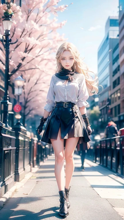 Low angle,from low,((work of art, higher resolution,best qualityer)), (beautiful illustration), ((1 girl,cute,Youngh,beautiful semi long blonde hair,rhombus stripe,gorgeous eyes)),(standing alone),(beautiful elegant office blouse and black skirt),(gazing at viewer), (walking around the Flower Park),
innocent smirk, white above the knees,Lace chalk, bracelet, gloves fingerless, above the knees,
Lace chalk, colar de giornomantes,bracelet, gloves fingerless, aretes, cinematic lighting, Flower Park,big city,busy street,giorno,blue sky,flowers and trees,overcrowded,