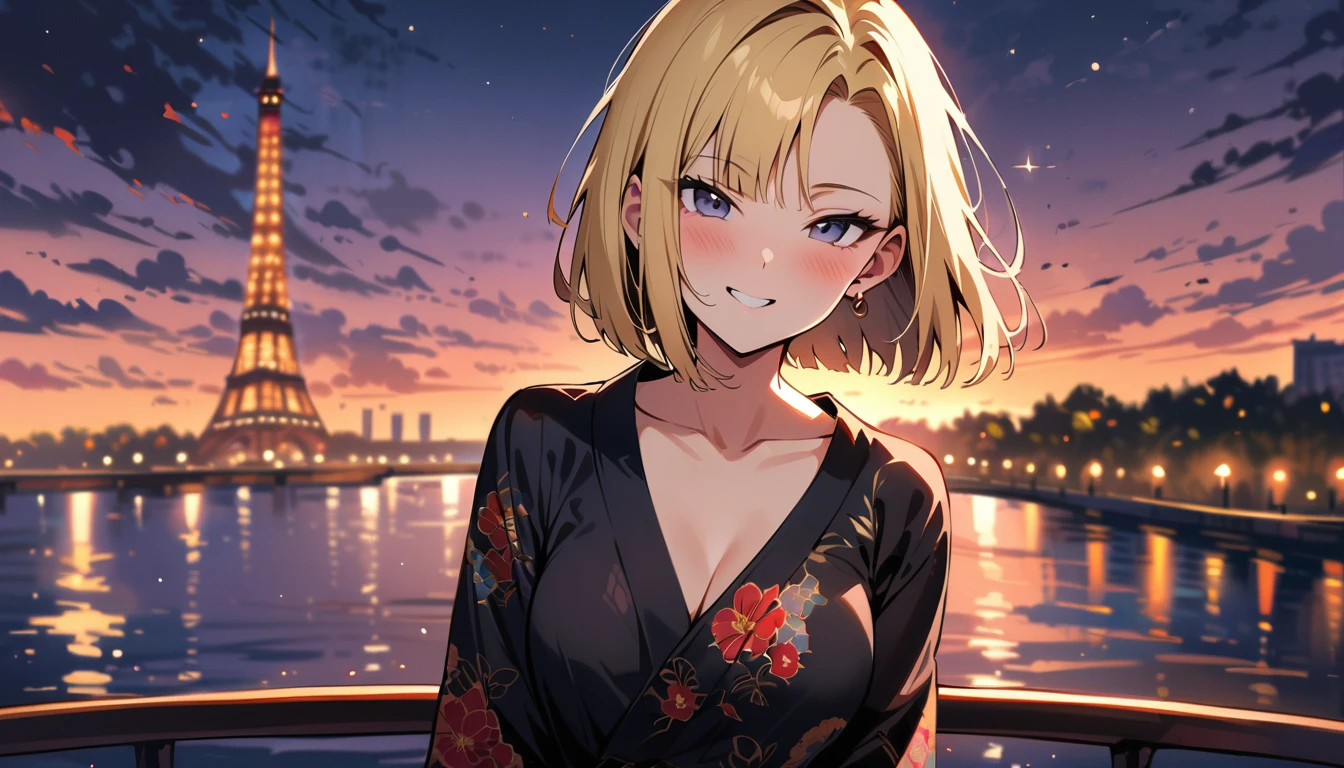 (masterpiece, best quality:1.2),1girl, (solo), Android 18 from Dragon Ball, ((floral print black kimono)), medium breasts, blunt bangs, blonde short hair, black eyes, earrings on earlobes, slim, slender feminine figure, skinny body, blush, magnificent view, blur background, 4K, the Eiffel Tower, firework, collarbone, looking at fireworks, riverside, smile,