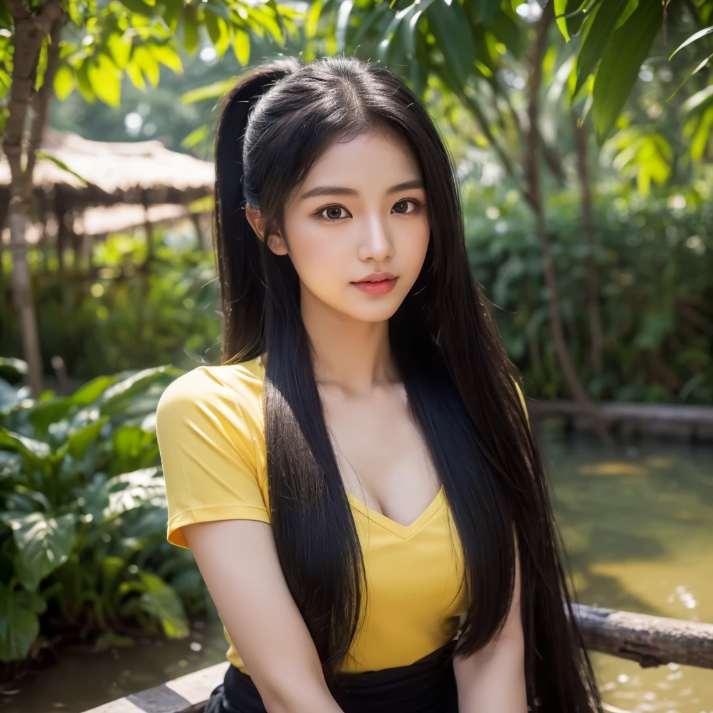 realistic: Open the aperture wide., professional lighting, Sony A7R4, 50 mm sitting lens. 2 ; Warm light, (digital painting, HDR ภาพถ่ายหน้าตรงThai anime, Female anime Araffe 25 30 years old, realistic: Open the aperture wide., professional lighting, Sony A7R4, 50 mm sitting lens. 2 ; Warm light, (digital painting, HDR, high contrast (digital painting, HDR, high contrast),Old jeans torn, bright colored t-shirts, Looking straight at you intently, Long-haired woman with a round face, Red cheeks, Pink cheeks, black eyes ตาสองชั้น, black eyes, Thai anime, Has a large chest size of 38 inches., ponytail woman, flowing black hair, long flowing black hair, she has black hair, Her black hair was long and wavy., beautiful black hair, Extra dark natural black hair, The shirt is tight., Looks hot., ,black eyes,abdominal muscles, rounded chest, outdoor, The background is a rice field., There is an old thatched Thai-style hut in the background., The evening sun shines, beautiful female model, jaw-dropping beauty, realistically,