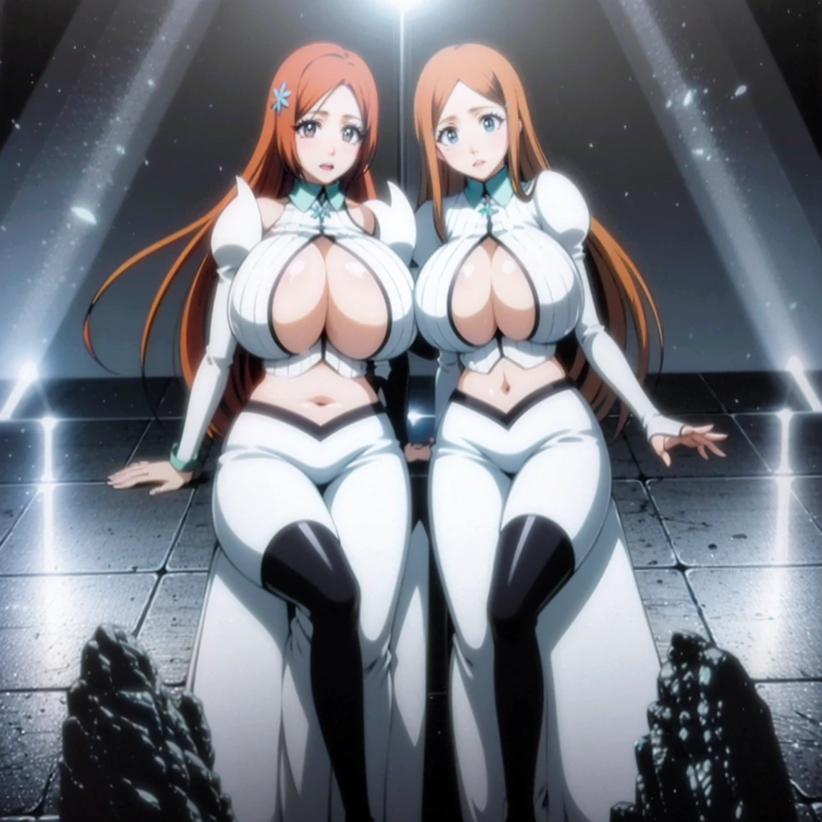 Orihimesomakj, orange hair, navel, cleavage, midriff, crop top, clothing cutout, cleavage cutout,white long skirt,puffy sleeves,group picture,multiple girls,5girls,looking at viewer ,realistic,shiny skin,gigantic breasts,(beautiful face:1.1),(masterpiece, high quality:1.2) gigantic breasts, motherly, porcelain skin,mature female,