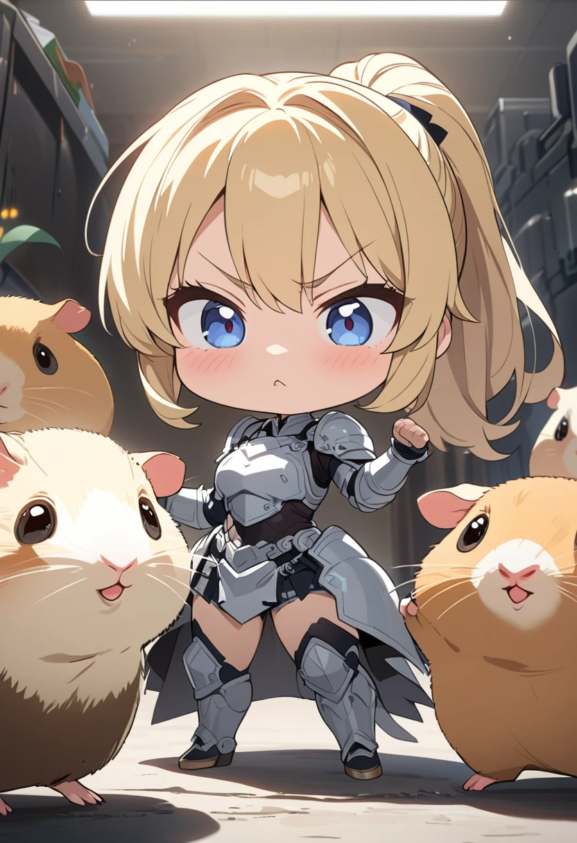 masterpiece, best quality, extremely detailed, anime, (Cute anime style),Girl, blonde, ponytail, short, small, chibi,light armor, (((threatening pose))), holding up hands,(standing big guinea pig visible in the background)