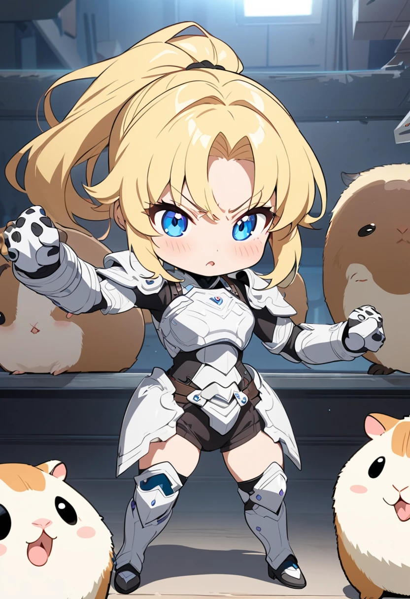 masterpiece, best quality, extremely detailed, anime, (Cute anime style),Girl, blonde, ponytail, short, small, chibi,light armor, (((threatening pose))), holding up hands,(standing big guinea pig visible in the background)