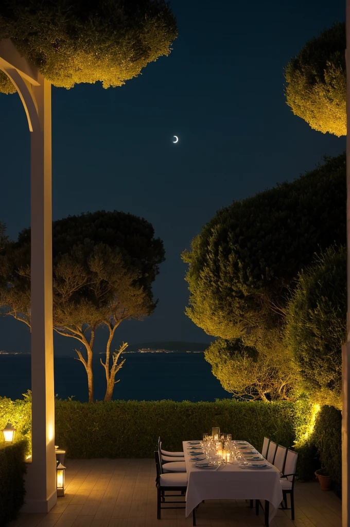 Sea of night,field,View from the villa,Realistic,More realistic,Seaside terrace,8K Ultra HD, Digital SLR, Party Venue,Midnight Sea,View from the terrace
