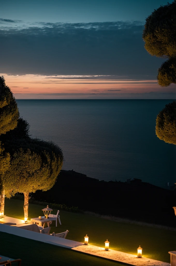 Sea of night,field,View from the villa,Realistic,More realistic,Seaside terrace,8K Ultra HD, Digital SLR, Party Venue,Midnight Sea,View from the terrace