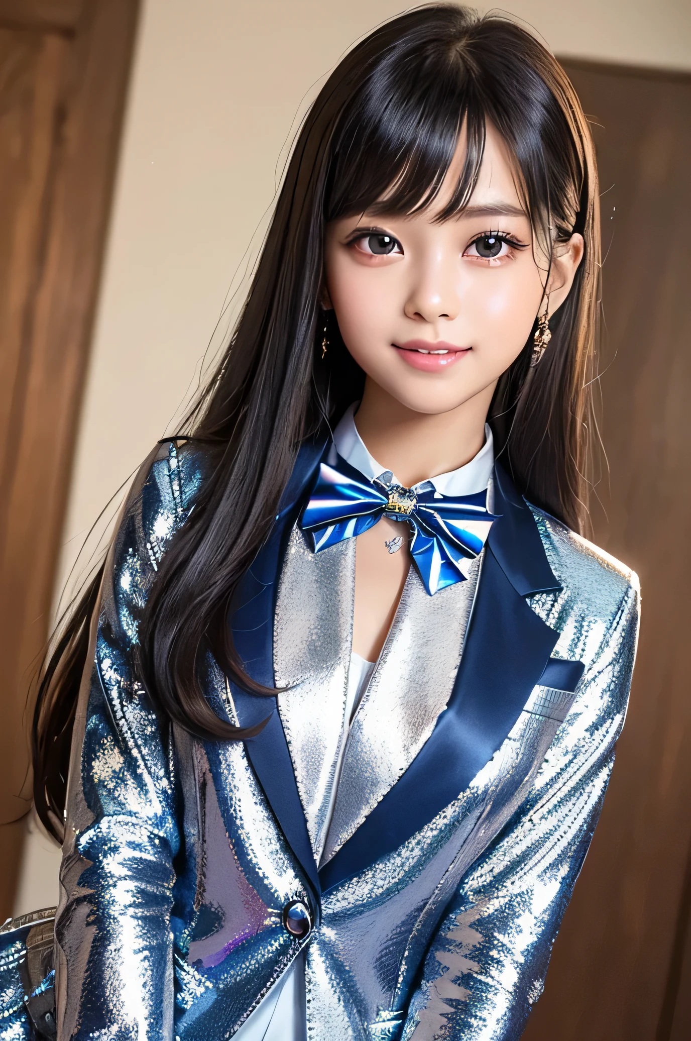 (Very beautiful cute girl), (very cute face:1.2),8 yo, (sparkling crystal clear attractive large eyes), best looks, Beautiful detailed eyes, Detailed double eyelids, (smiling), (realistic photograph:1.2), long straight hair, (super shiny metallic dark blue blazer:1.2),metallic pearl white school blouse,(shiny metallic pink neck bow tie:1),(super shiny metallic dark blue pleated skirt :1),cowboy shot