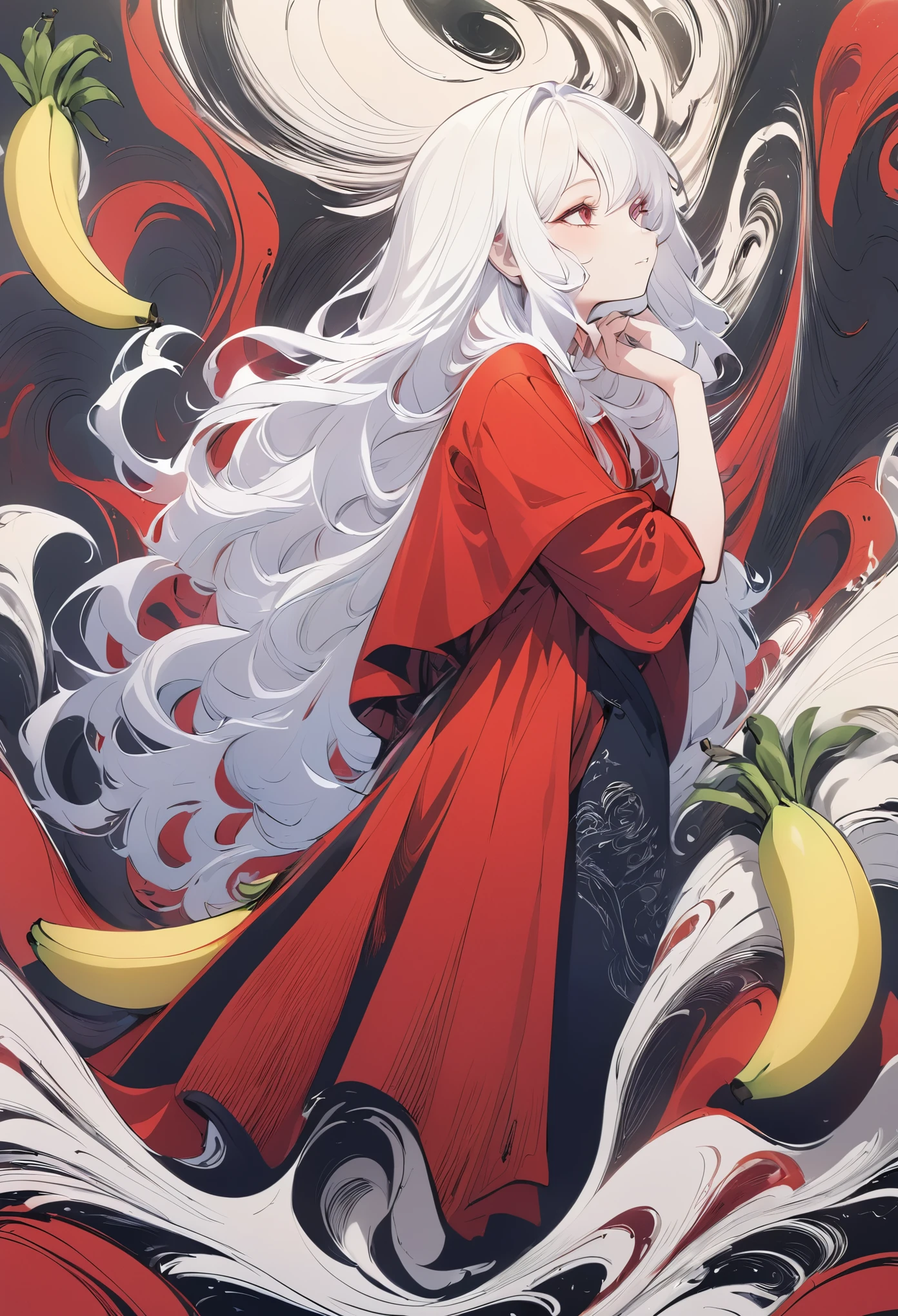 Hand drawn illustrations,Texture Noise,A woman,White long hair,Wearing a red robe with dark patterns,The body is supported by bananas,Strong contrast