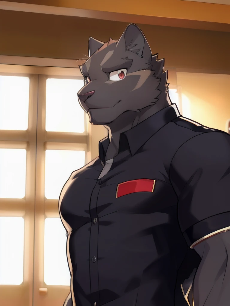 theo prinz, Alone, looking at the viewer, short hair, shirt, male focus, collared shirt, Formal, It lasts, pectorals, only, muscular, muscular male, por zackary911, by zaush, (by personals:0.5),  male, zootopia style, detailed background, worried, looking at the viewer sosteniendo su mano, scene a little blurry (soft shading), 4k, anything, Dark theme, castillo,