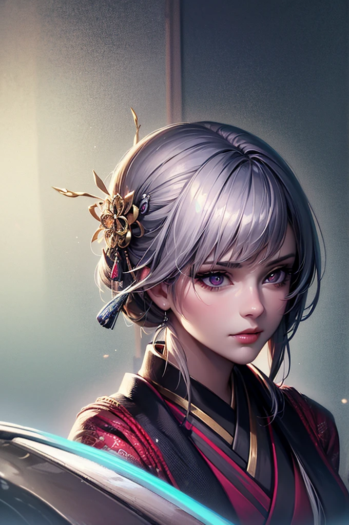 (Dramatic digital art:1.3) ,(Lively:1.3) portrait, wear Kimono, Style - Silver Magic, Stylish girl,Art Station
