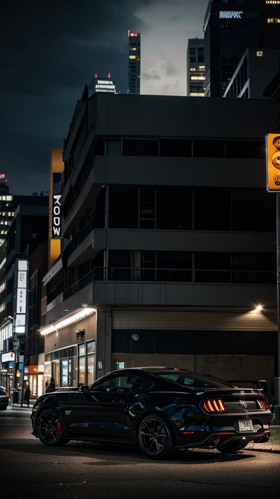Ford Mustang GT color negro, in the city at night