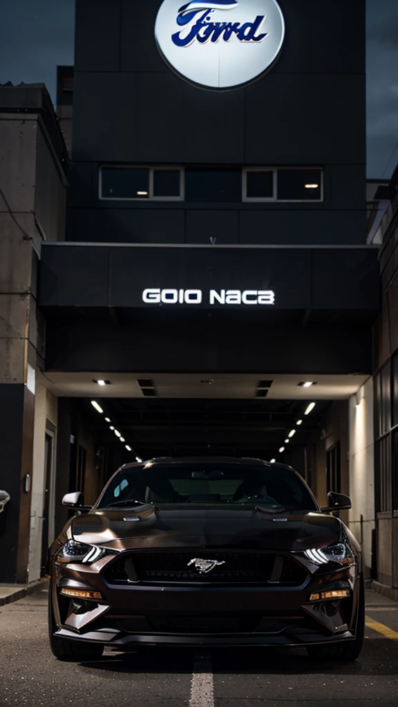 Ford Mustang GT color negro, in the city at night