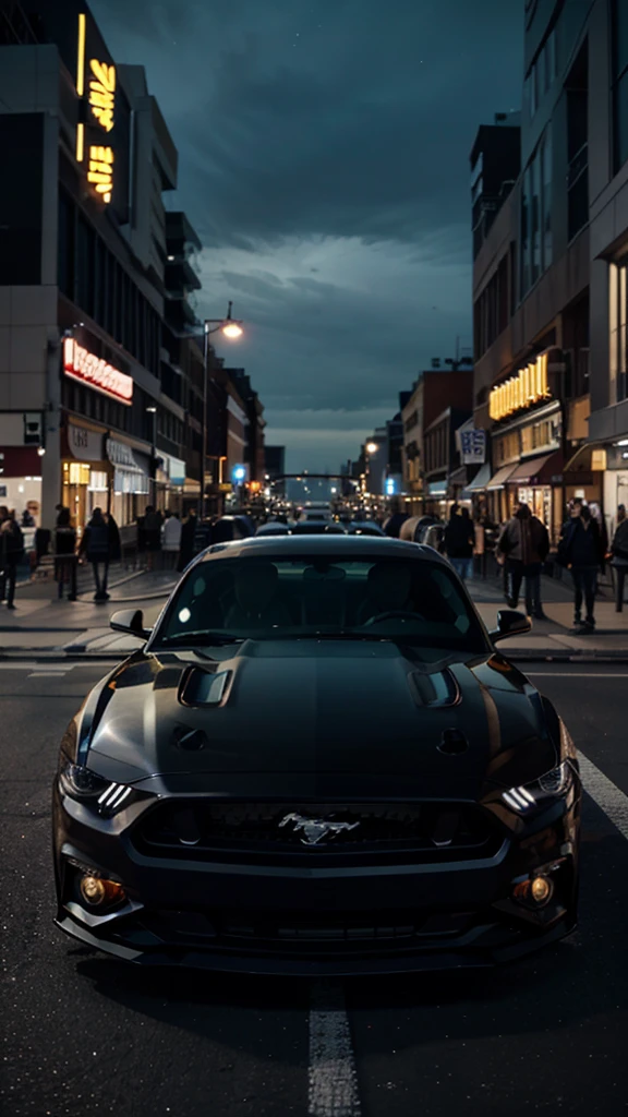 Ford Mustang GT color negro, in the city at night