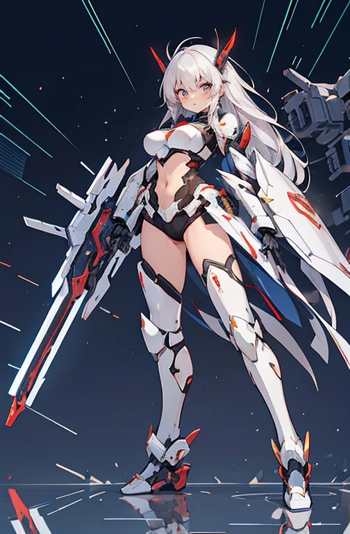 ((Kizi, mecha)), glare eyes, 精致的面容, damaged armor, mechanical aura, mechanical arm, White hair, long hair, ceramic body, Thigh clearance, breasts big, Network Background, Very cool city, (translucent, Reflective skin), 8K, best qualityer, super verbose, (Surrealism: 1.4),  