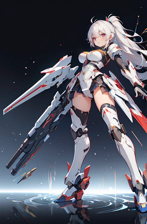 ((Kizi, mecha)), glare eyes, 精致的面容, damaged armor, mechanical aura, mechanical arm, White hair, long hair, ceramic body, Thigh clearance, breasts big, Network Background, Very cool city, (translucent, Reflective skin), 8K, best qualityer, super verbose, (Surrealism: 1.4),