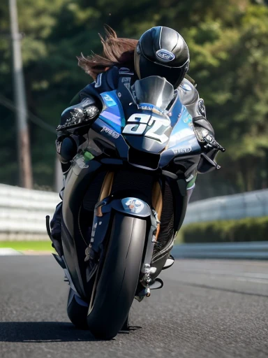  Japanese woman,black hair,27 years old, (slender), (small breasts),best quality, detailed, beautiful, insanely detailed, absurdres,perfect anatomy, motoGP, two women, kawasaki racer replica motorcycles Hang-off while cornering, (motion blur:1.1),ground-level shot, (side view:1.2)